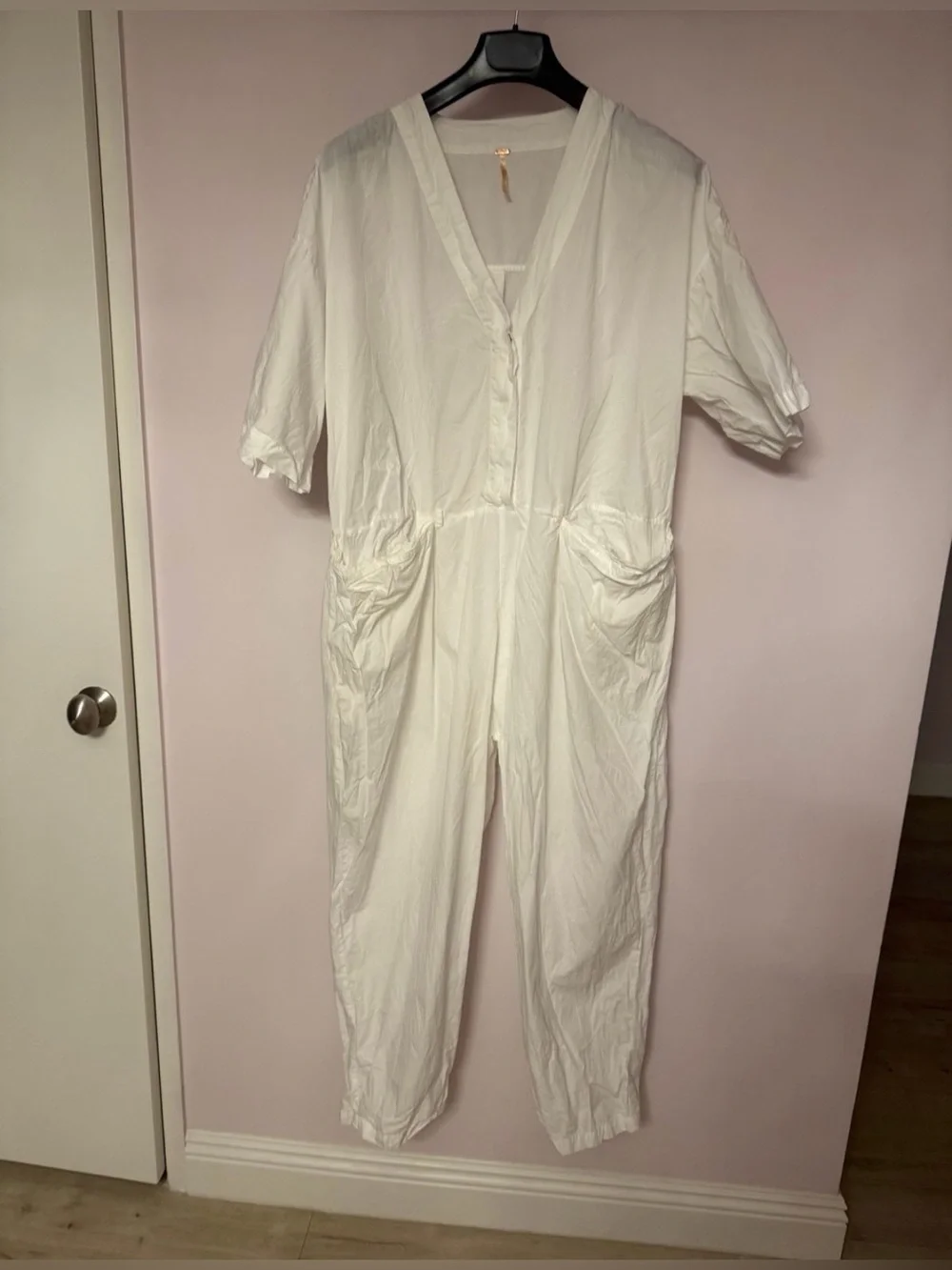 Free People White Cotton V-Neck Short Sleeve Belted Jumpsuit Romper Womens S
